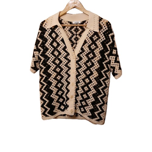 Sandro Carla Cardigan Women Size UK 14 Cream Blue Crochet Knit Geometric V Neck