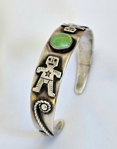 VTG Navajo Turquoise Silver Cuff Bracelet Stamped Man Snake Rope Warrior 1930's - Picture 3 of 10