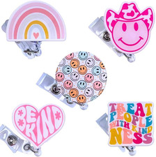 5 PC Cute Nurse Badge Reel Retractable Name Tag ID Clip Holder Retro Pink Cowboy