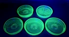 Set of 5 Vintage Uranium Glass Coasters - Federal Glass. Great condition -Glows!