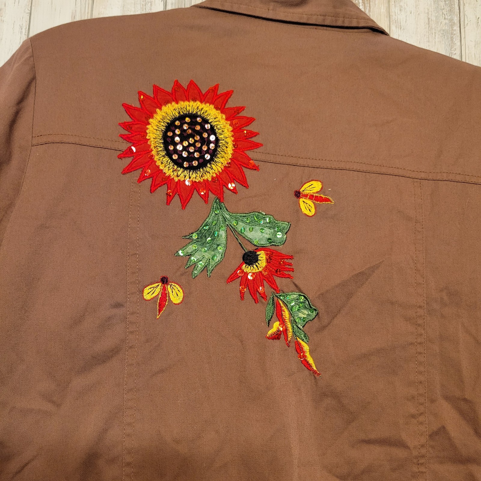 Tapestry Patch Brown Jacket Sequin Sunflowers & D… - image 9