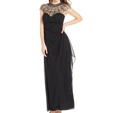 Xscape Black Dress Beaded Illusion Mesh  Jersey Gown Size 4