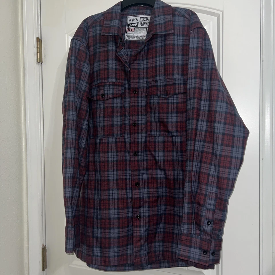 All Skill No Luck Napalm Flannel Shirt Button Down Plaid Blue Mens Large L