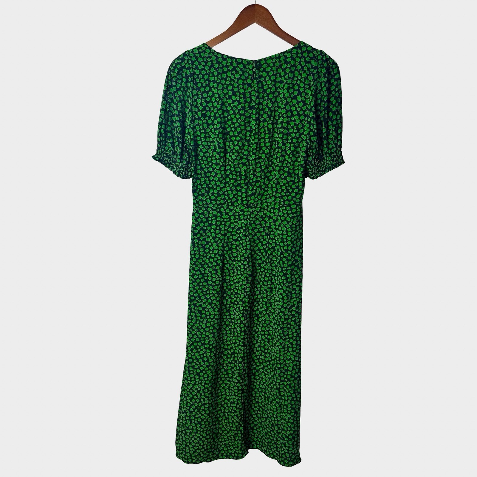 H&M Green Floral Puff Sleeve Midi Dress Sweetheart Neckline Slit XS thumbnail 6