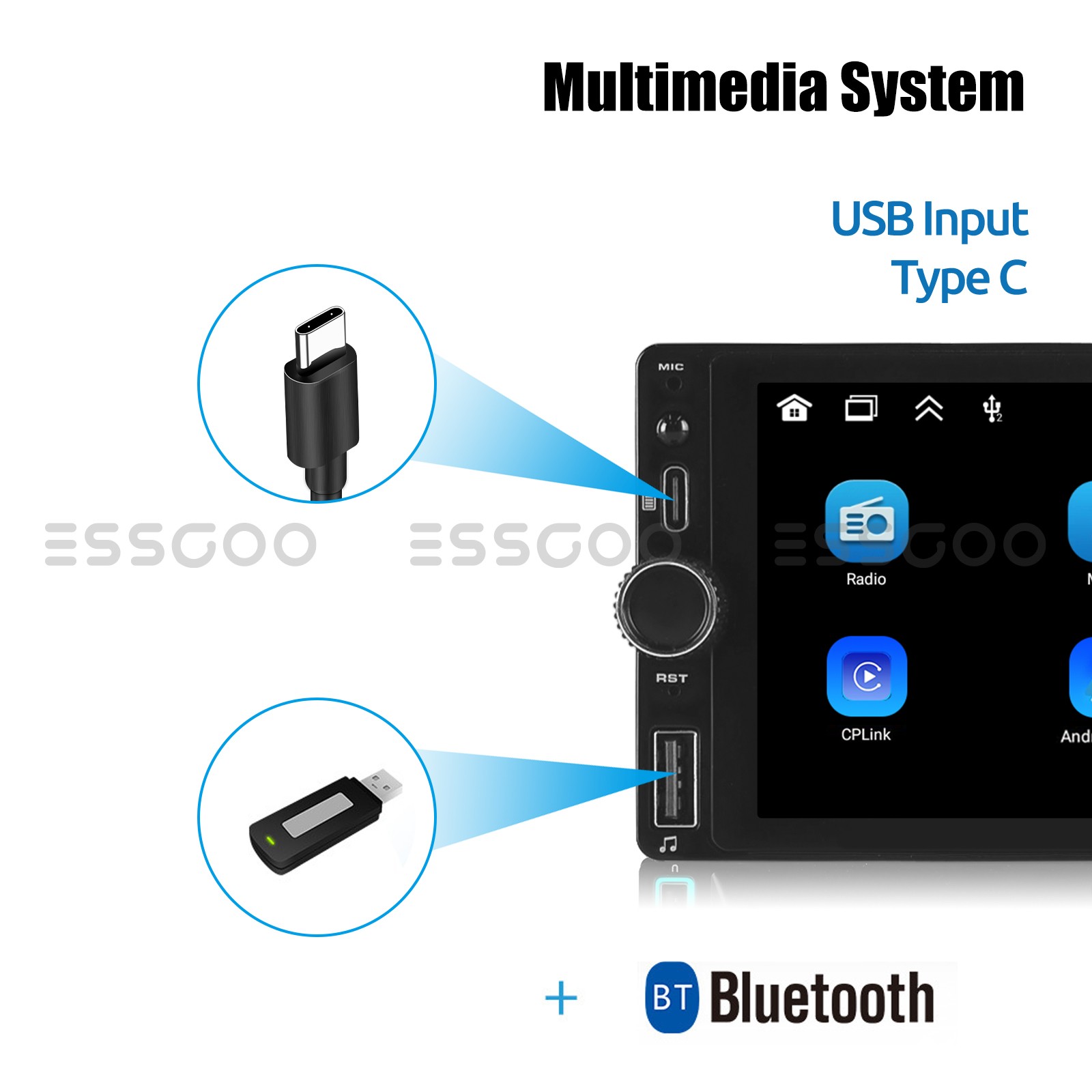 Wireless Carplay Single 1 DIN 6.86" Radio Bluetooth Car Stereo Type-C MP5 Player