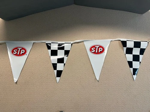 Vintage STP Gas Oil & Checkered Racing Pennant Banner - 28ft String 12 Flags