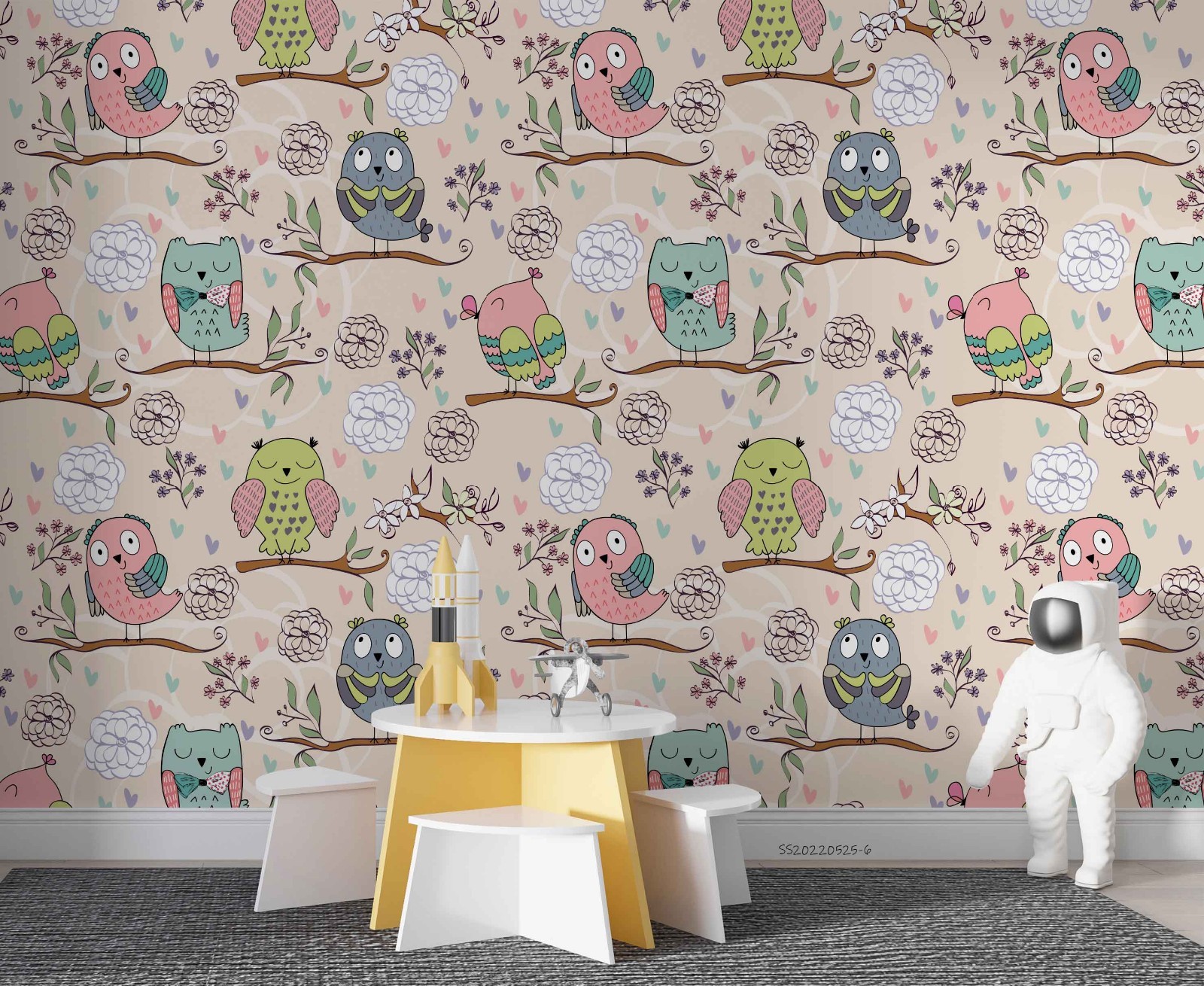 3D Owl Flowers Cartoon Pattern Wall Murals Wallpaper Murals Wall Sticker