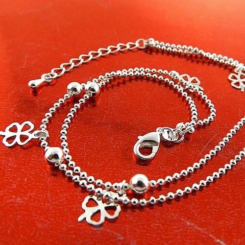 Anklet Bracelet 925 Sterling Silver Filled Four Leaf Glover Bead Link Design 10" - Picture 2 of 3