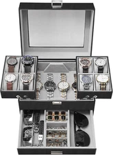 8 Slot Watch Box Case for Men Display Case 3 Layers Large Ring Storage Organizer