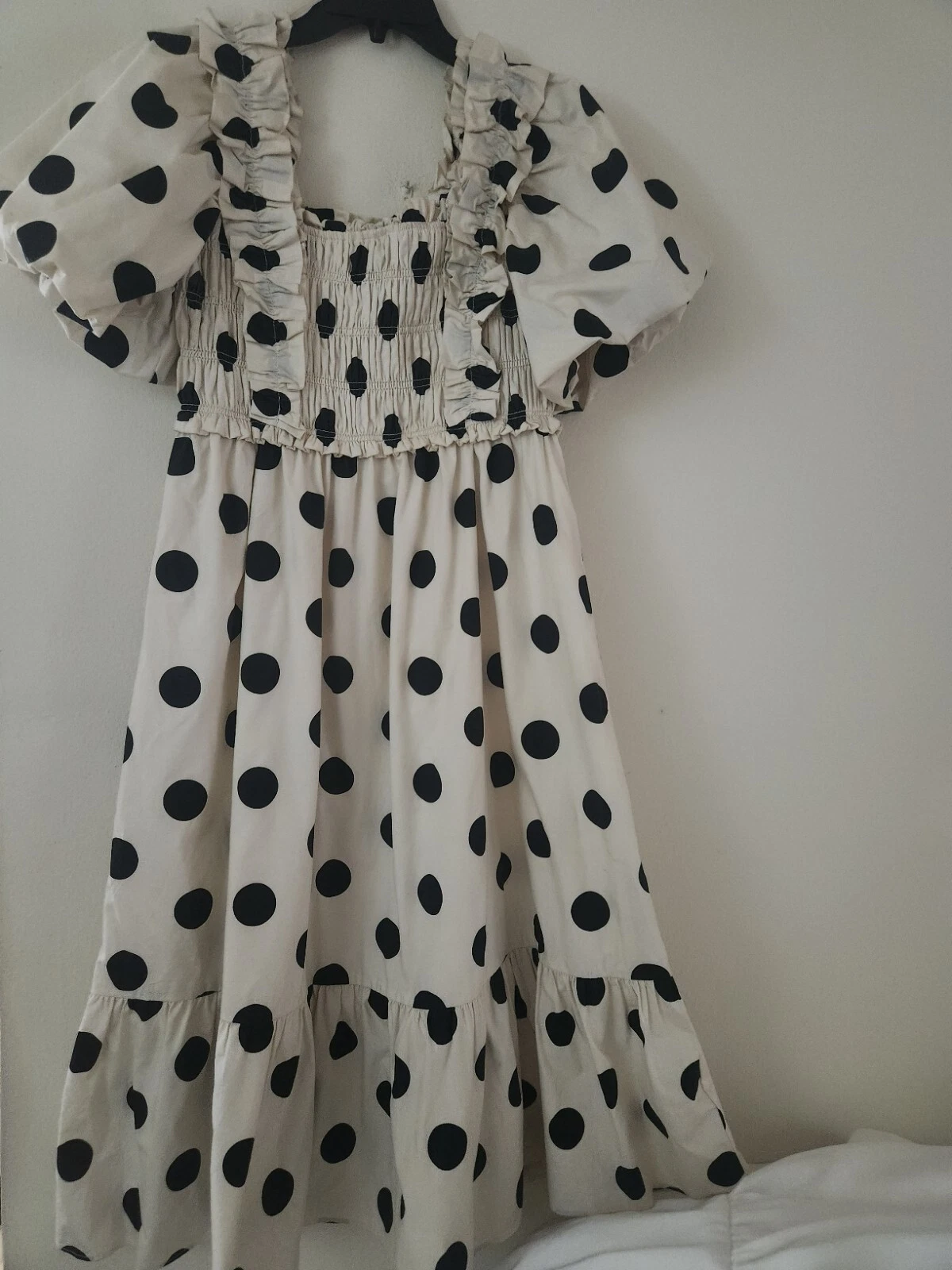 OFF WHITE Abito midi a pois a pois inglese smockato in fabbrica bianco con punti neri taglia M