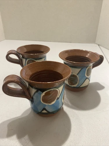 Vintage 3 Studio Art Pottery Enamel Earthenware Stoneware Coffee Cup Mug JF