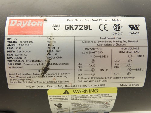 Dayton 6K729L Belt Drive Fan Blower Motor 1/2Hp 1725RPM 115/208-230V 1PH 56Fr - Picture 2 of 8