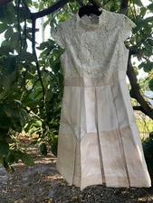 💥Eliza J A Line Pleated Dress Ivory Lace Top Jacquard Cap Sleeve Fit n Flare