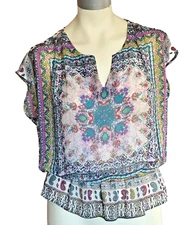 DR2 Women's Sheer Colorful Boho Short Scarf Print Tunic Size M