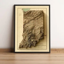 Indiana Map, Indiana 2D Relief Map, Indiana Vintage Map - 2D Flat Print
