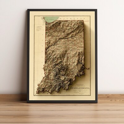 Indiana Map, Indiana 2D Relief Map, Indiana Vintage Map - 2D Flat Print