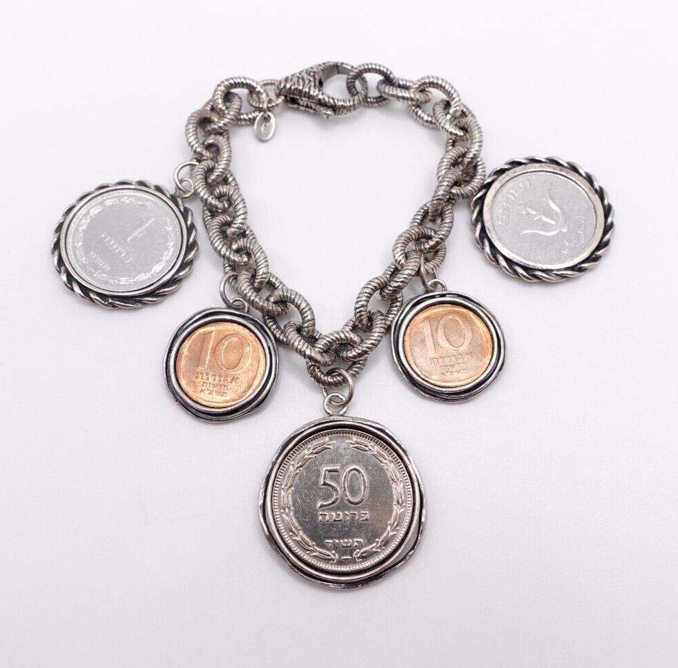 Vintage Sterling Silver 925 Israel Coin 7" Bracel… - image 1