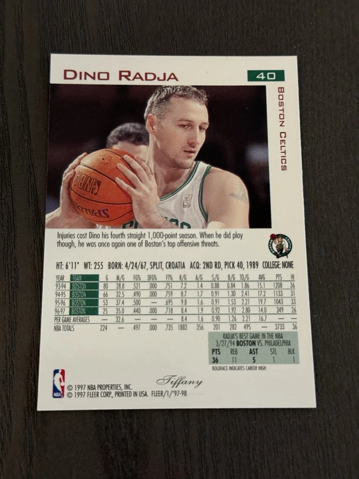 1997-98 Fleer Traditions Tiffany Collection SP #40 DINO RADJA Boston Celtics HOF - Image 2 of 2