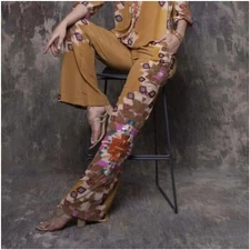 NWT La Fuori Daria Embellished 100% Silk Beaded Pants Copper XS Boho 