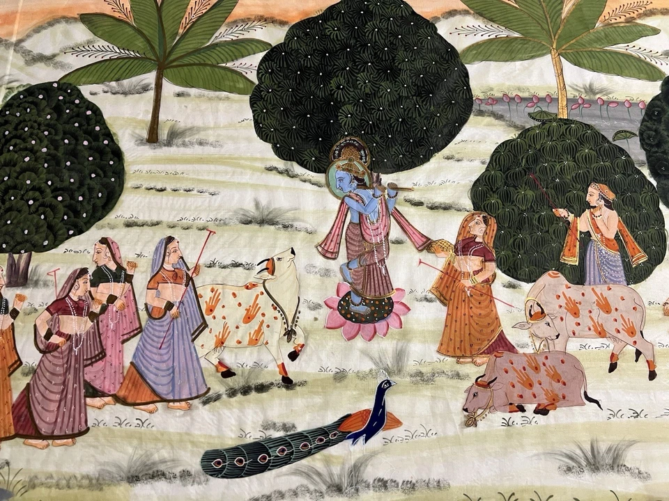 Antigua pintura del dios hindú Krishna Pichwai Thangka - India Rajasthan, principios de 1900 Foto 2 de 3