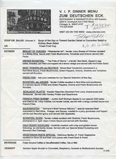 Zum Deutschen Eck VIP Dinner Menu Southport Ave Chicago Illinois 1998 