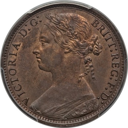 GREAT BRITAIN VICTORIA 1877 PENNY, CHOICE UNCIRCULATED, CERTIFIED PCGS MS63-RB - Picture 2 of 9