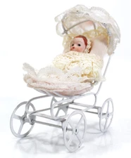 Vintage Dollhouse Miniature Carriage w/ Hood Laced Dress Porcelain Baby Doll