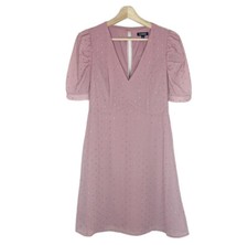 NWOT Express Metallic Clip Dot Dress Puff Sleeves Fit And Flare Pink Sz M