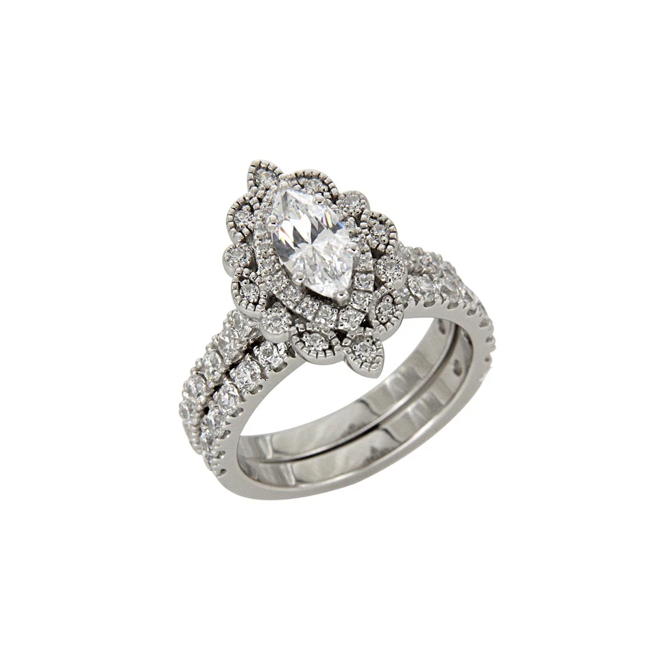 Комплект из двойного винтажного свадебного кольца-гало с цирконием маркиза 1,5 карата серебро 925 пробы - Изображение 4 из 4