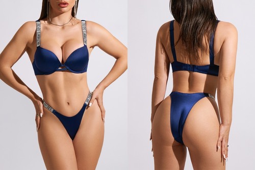 Victoria's Secret Shine Strap - NOIR NAVY BRA + BRIEF SET - Classic Satin