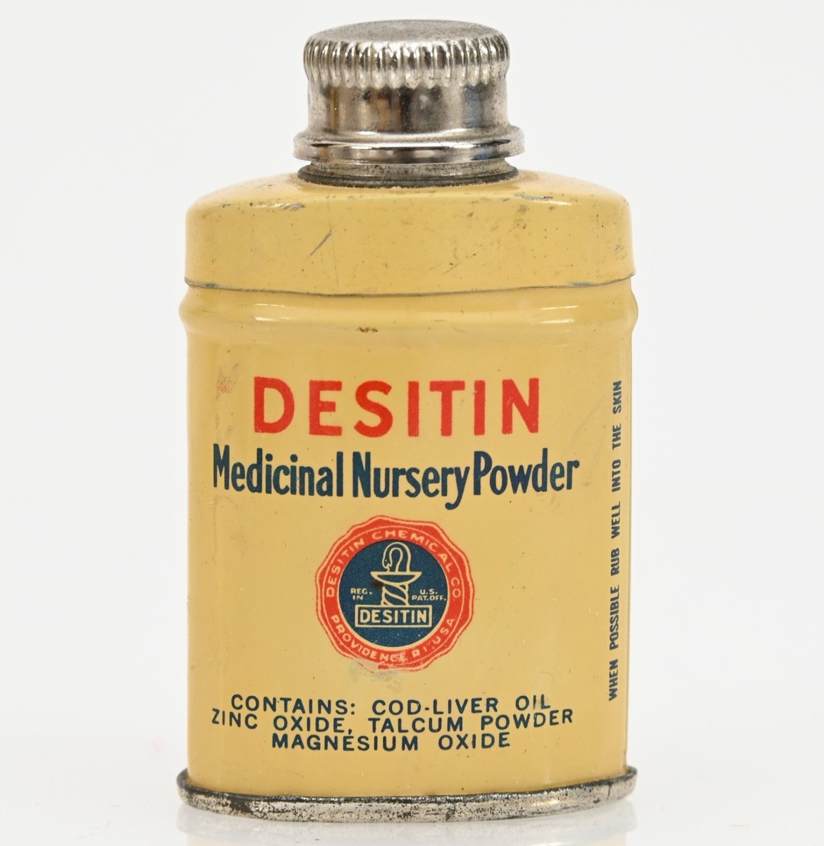 Vintage Advertising Sample Tin DESITIN Nursery Powder (Partially Full)  1/4”