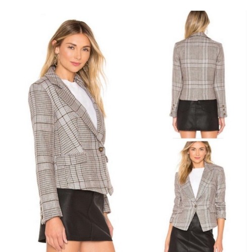 Free People Chess Linen Gray Blue Blazer XS Extra Small 1 Button Preppy Office - Picture 2 of 12