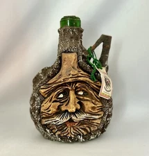 Stierwascher Bearded Man Decanter Face Jug Simulated Tree Bark On Green Glass