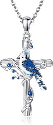 Blue Jay Cross Necklace 925 Sterling Silver Bird Pendant Jewelry Gifts Men Women