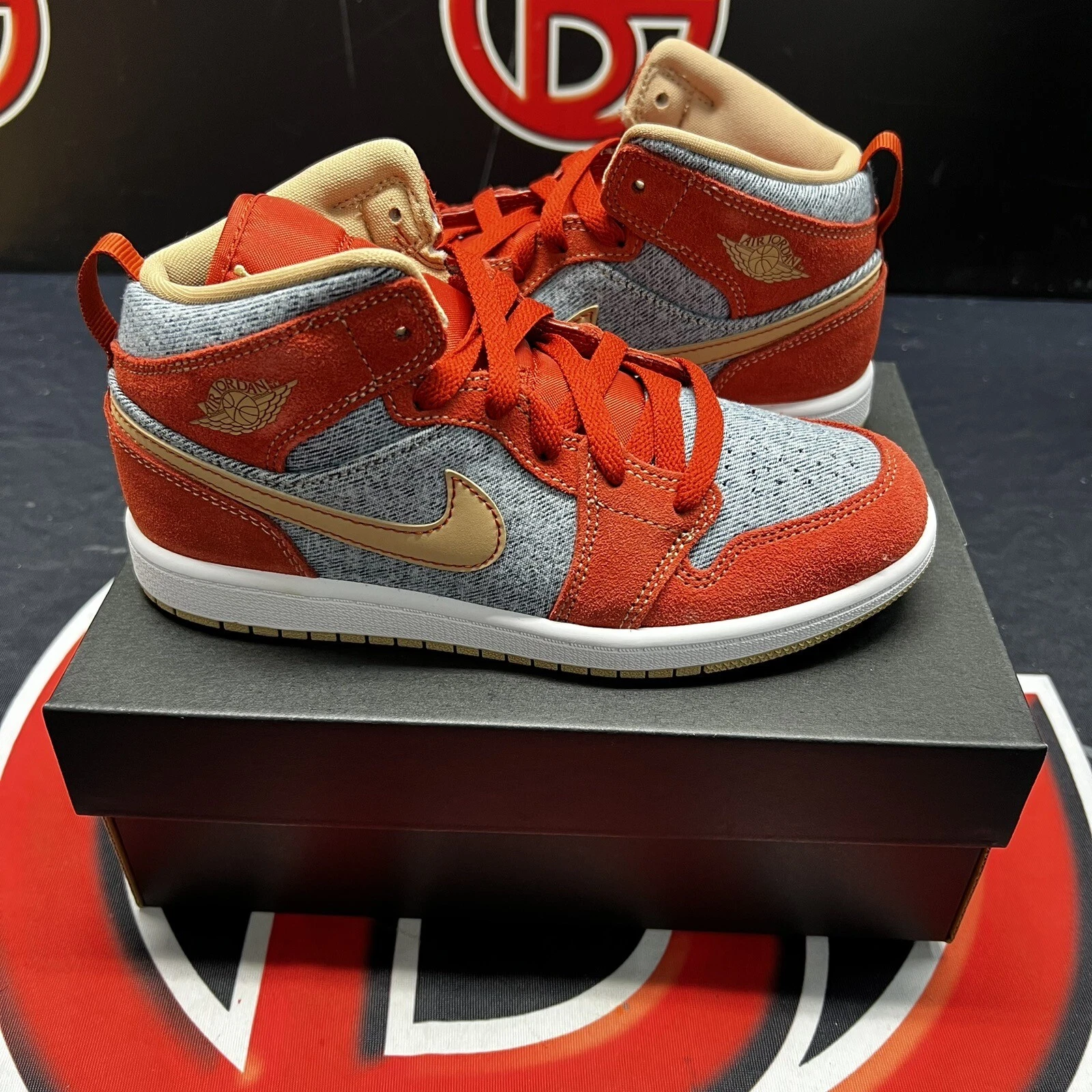 Jordan 1 Mid Denim rosso cinabro canapa bianco taglia 2 5 anni DM4383 600