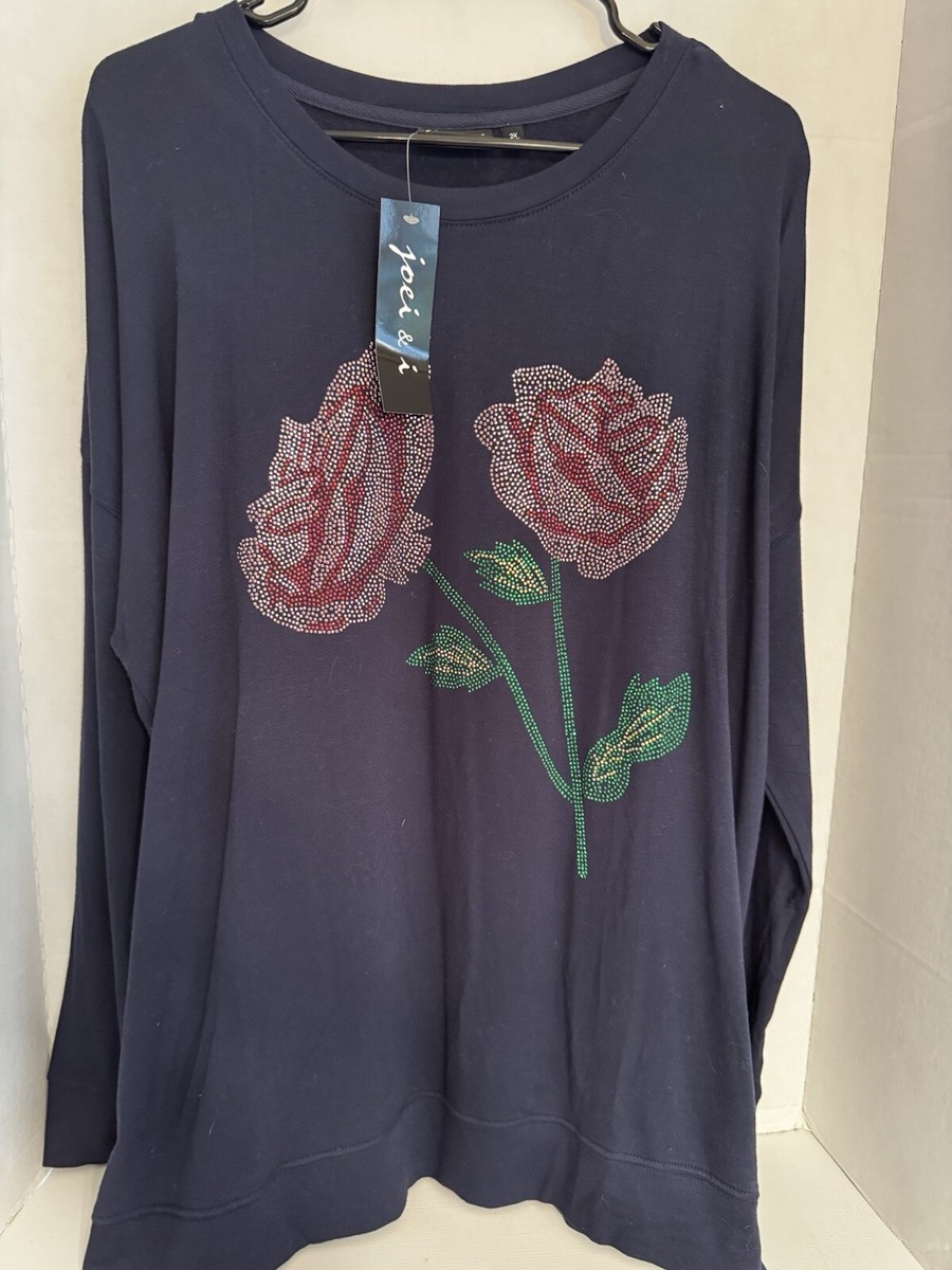 ♡よーぐると♡ NWT Joei & i Women's 3X Navy Top Rhinestone Rose Flower Long