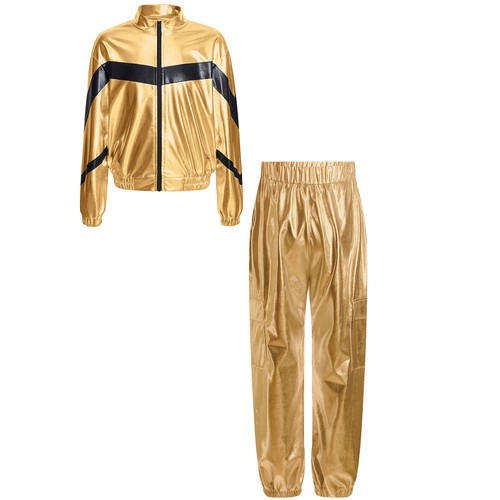Girl's Hip Hop Dance Outfits Shiny Metallic Sparkly Jacket and Jogger Pants Set - Picture 4 of 36