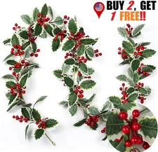 5.8Ft Christmas Red Berries & Holly Garland Foliage Xmas Fireplace Home Decor US