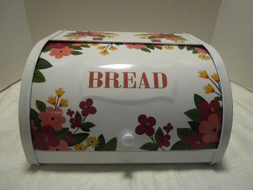 Metal ASHLAND White Spring-Floral Bread Box with roll up Door Kitchen Storage - Picture 7 of 14