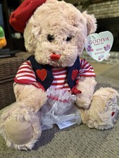Godiva Plush Bear with Red Beret, Striped Shirt, and Heart Vest