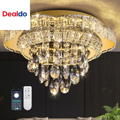 18'' Gold Crystal LED Ceiling Light with Remote Control,Flush Mount Chandelier wi