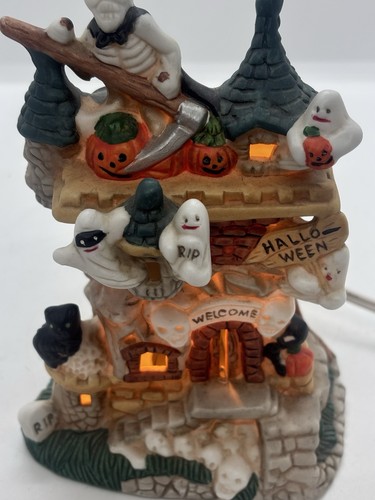 Vtg Spooky Hollow Lot Lighted Porcelain House Witch Candleholder Resin Figure - Picture 5 of 11