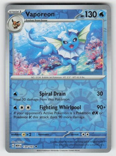 Reverse Holo Vaporeon 134/165 Rare 151 Near Mint