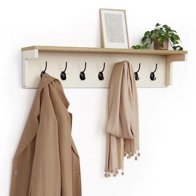 Kleiderhaken Wandmontage, cremefarbene Garderobe mit Regal in Holzoptik, VonHaus