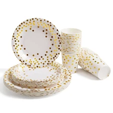 150 Pcs Gold Birthday Party Disposable 7" and 9" Plates 12oz Cups 50 Guest Set