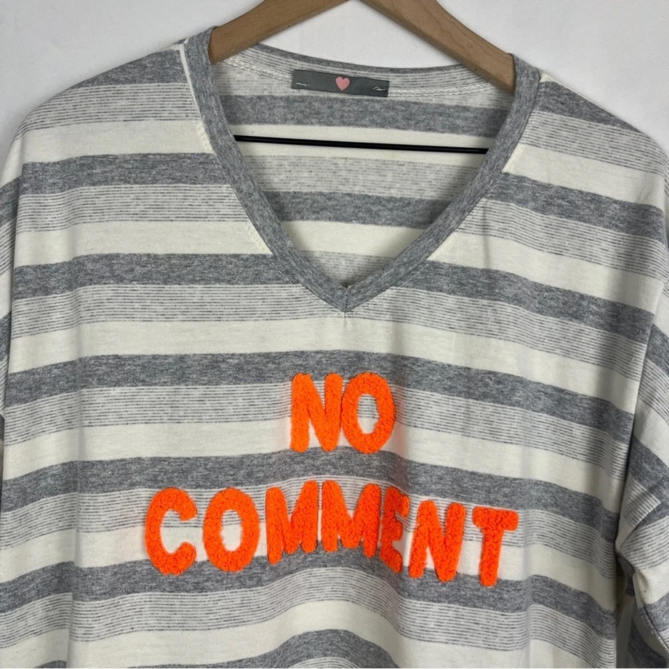 Camiseta Mujer Gris Crema Rayas Manga Larga "No Comment" Italia Est 3X Preppy Foto 4 de 4