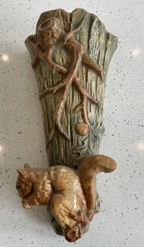 Weller Art Pottery Woodcraft 9 1/2" Squirrel on tree Wall Pocket vase VTG MINT