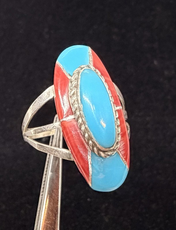 Old Pawn Zuni Native American Sterling Turquoise Red Coral Ring sz8 Singed FM