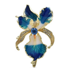 Blue Orchid Flower Brooch Pin Gold Tone Enamel Rhinestone Jewelry Statement