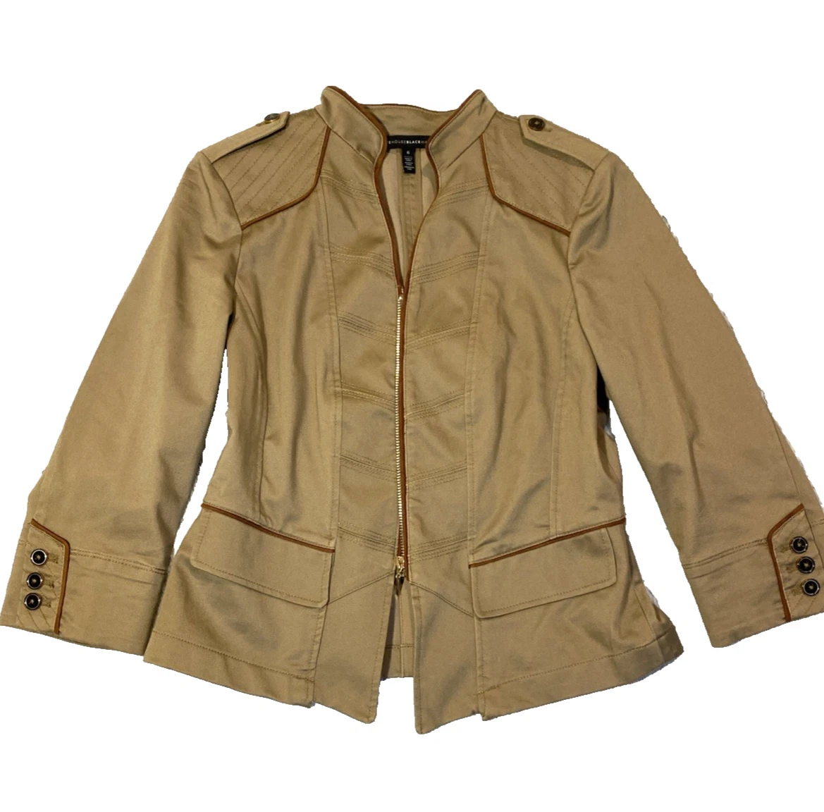 White House Black Market Military Crop Jacket Womens 8 Brown Zip 3/4 Sleeve Chic